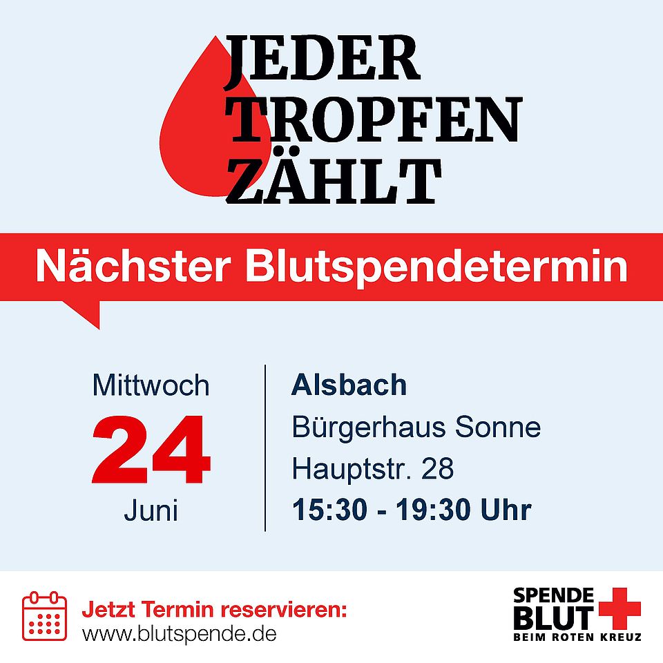 Terminplakat für Mittwoch 24. Juni 2026 16:30-19:30 Uhr im Bürgerhaus Sonne Alsbach