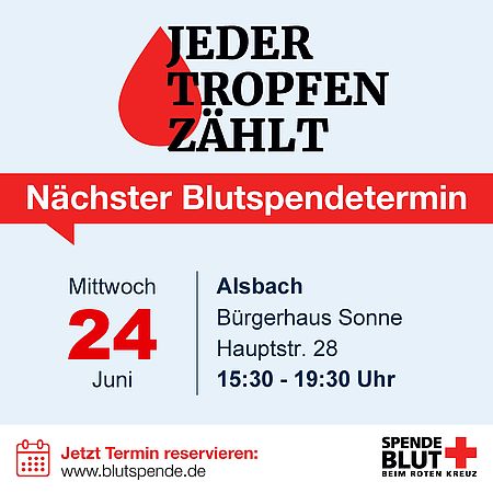 Terminplakat für Mittwoch 24. Juni 2026 16:30-19:30 Uhr im Bürgerhaus Sonne Alsbach