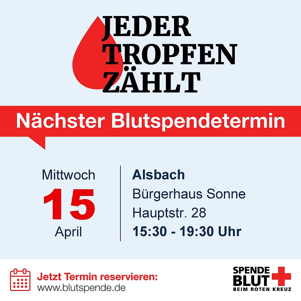 Ankündigung Blutspendetermin: Mittwoch 15. April 2026